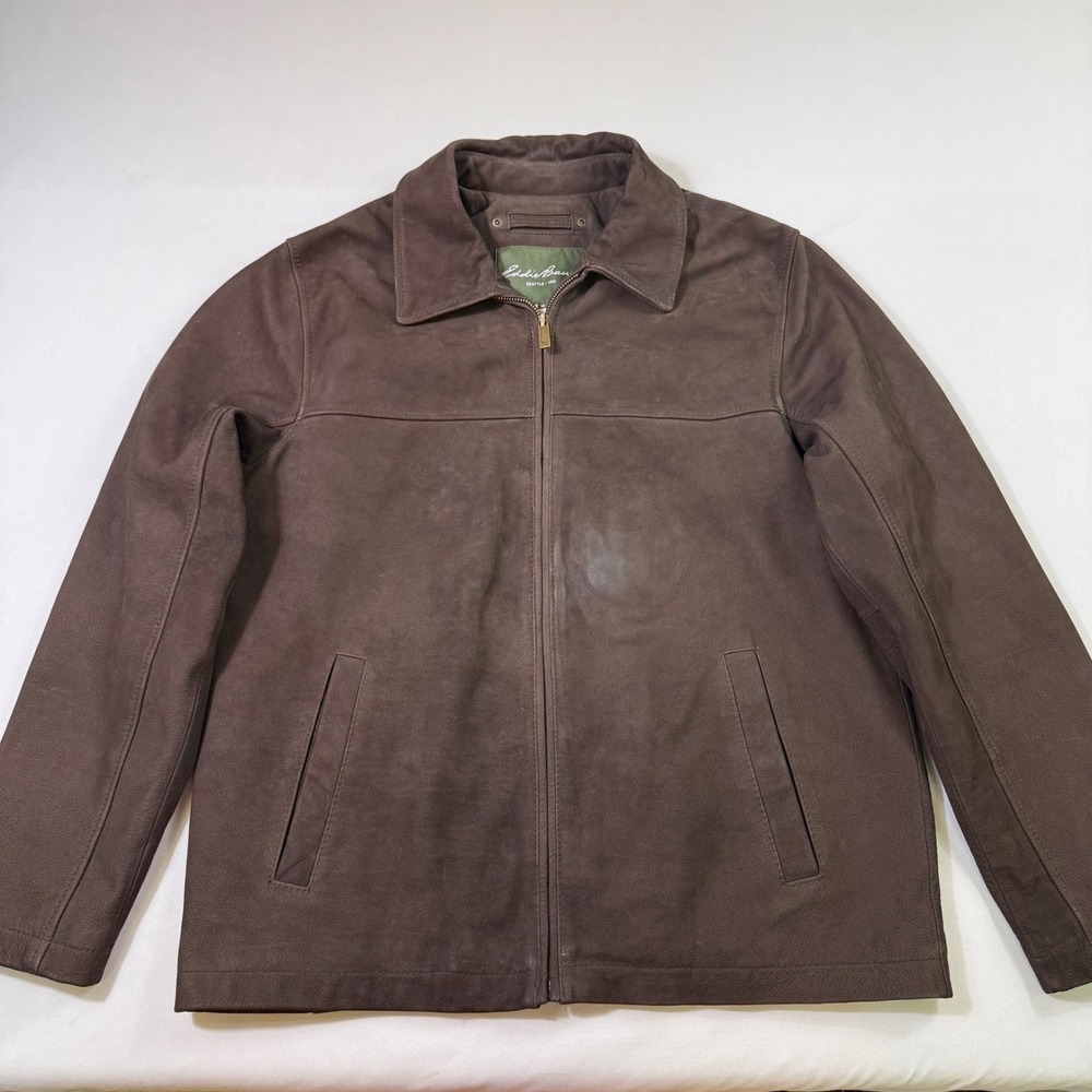 VTG Eddie Bauer Leather Jacket Mens M Brown Buffalo Leather Full Zip Harrington